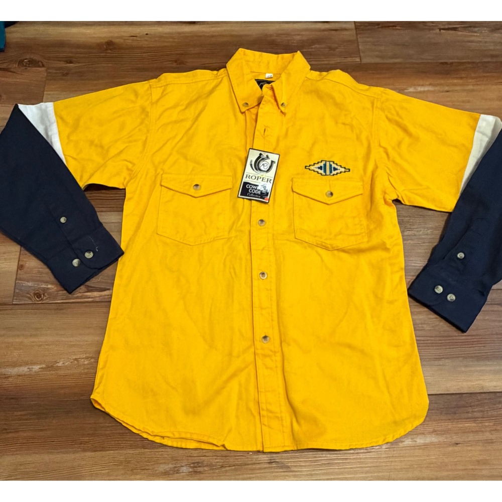 Roper Kids Cowboy Western Shirt Yellow Navy wht Long Sleeve XXL 18-20 NOS clrblk